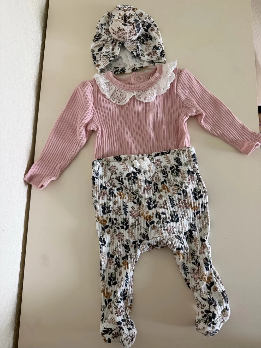 Rachel Zoe Pink Ribbed Baby Bodysuit with Lace Trim. 3 piece.